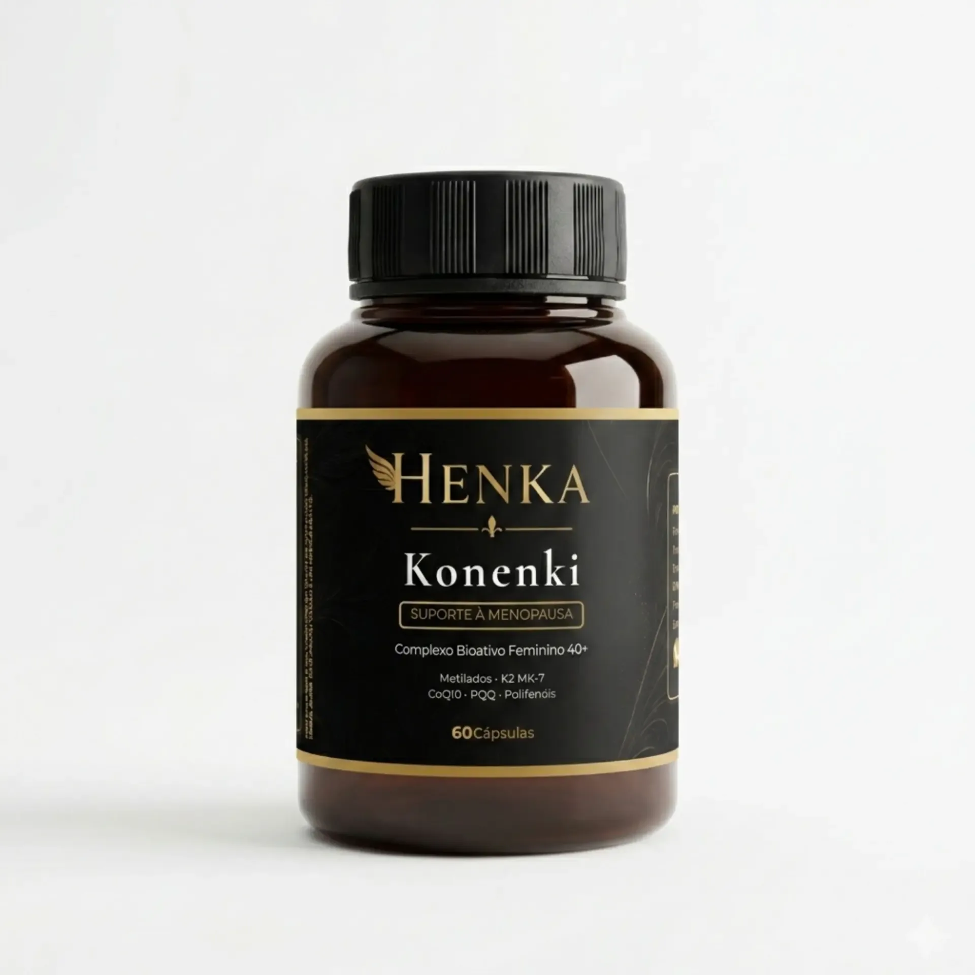 Frasco de Konenki, complexo bioativo feminino 40+ da Henka, com 60 cápsulas